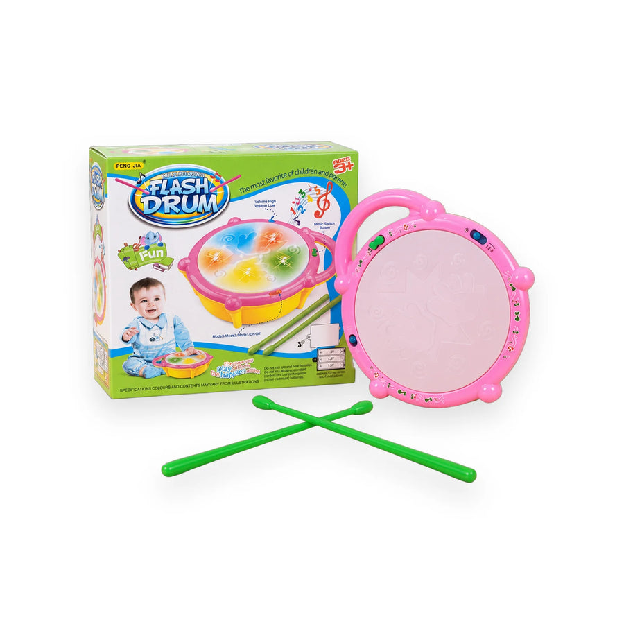 Pink Peng Jia light-up flash drum with two green drumsticks and its box