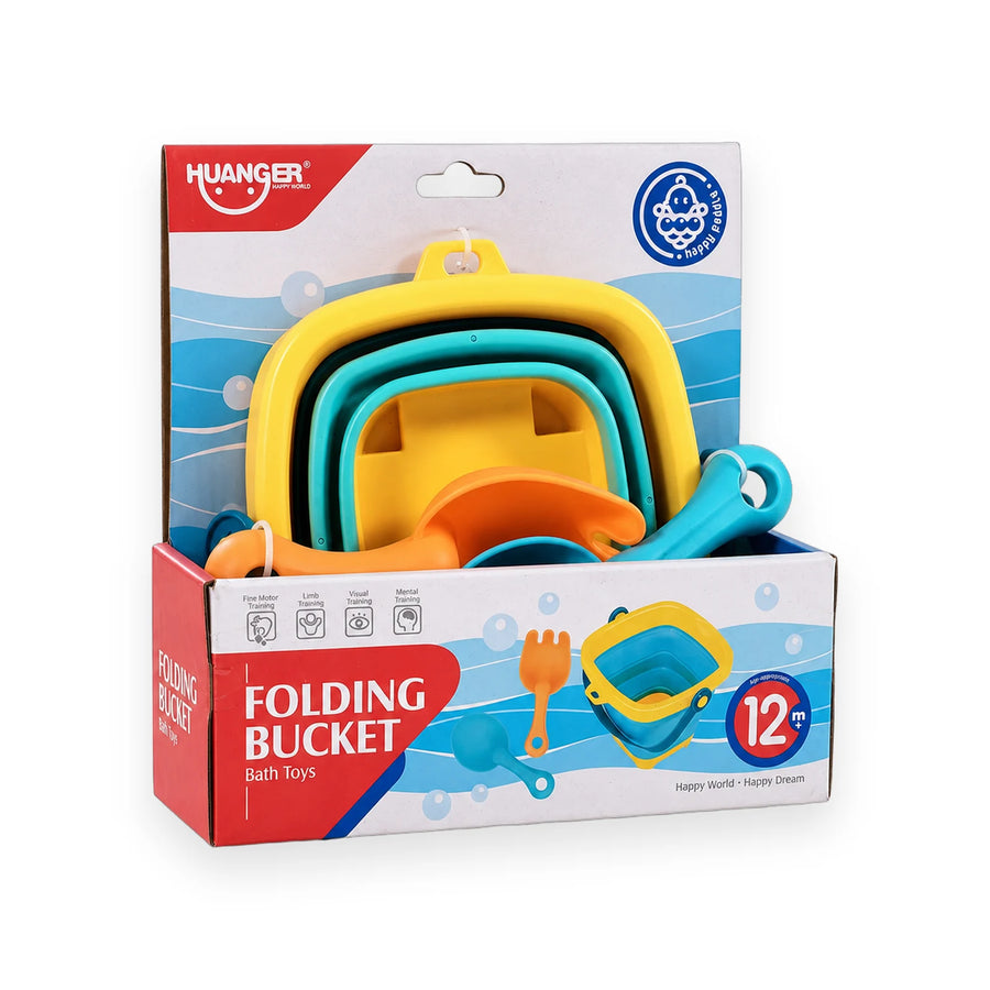 HUANGER folding bucket bath toy set with its accessories in the packaging