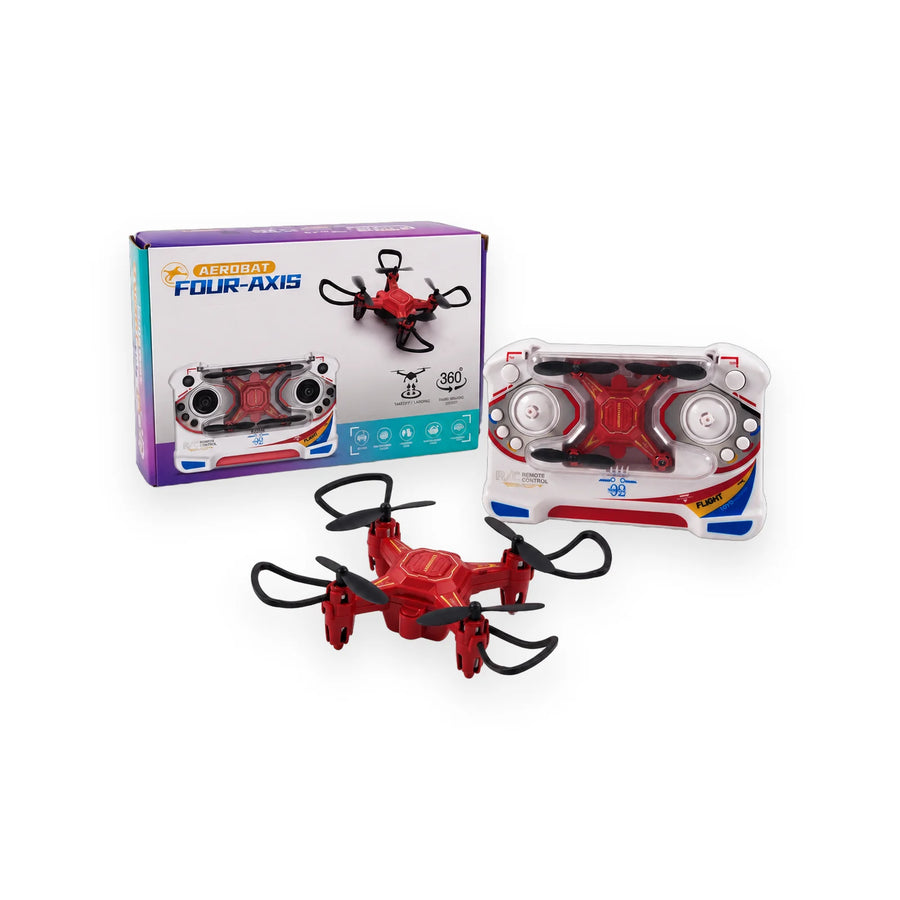 Red Aerobat four-axis mini drone with white remote control and USB charging cable