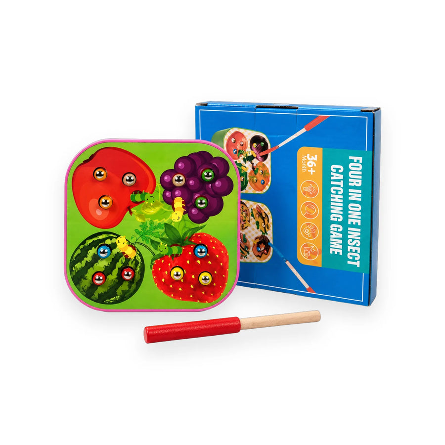 Wooden insect catching board with apple, grapes, watermelon and strawberry scenes and a magnetic wand