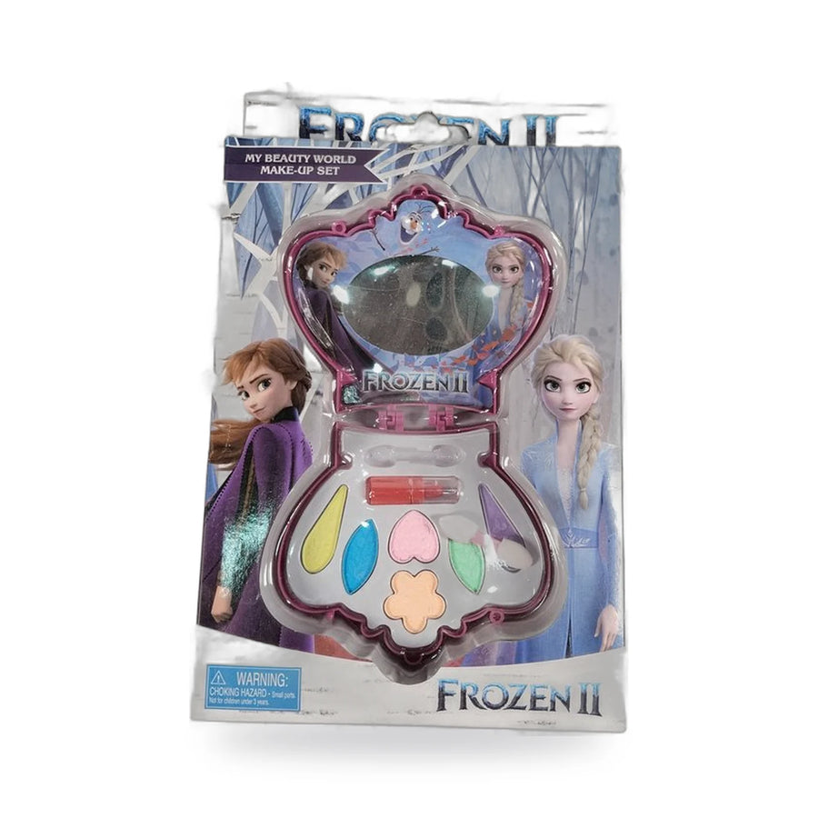 Frozen II crown-shaped toy makeup compact open to show a mirror and eyeshadow palette