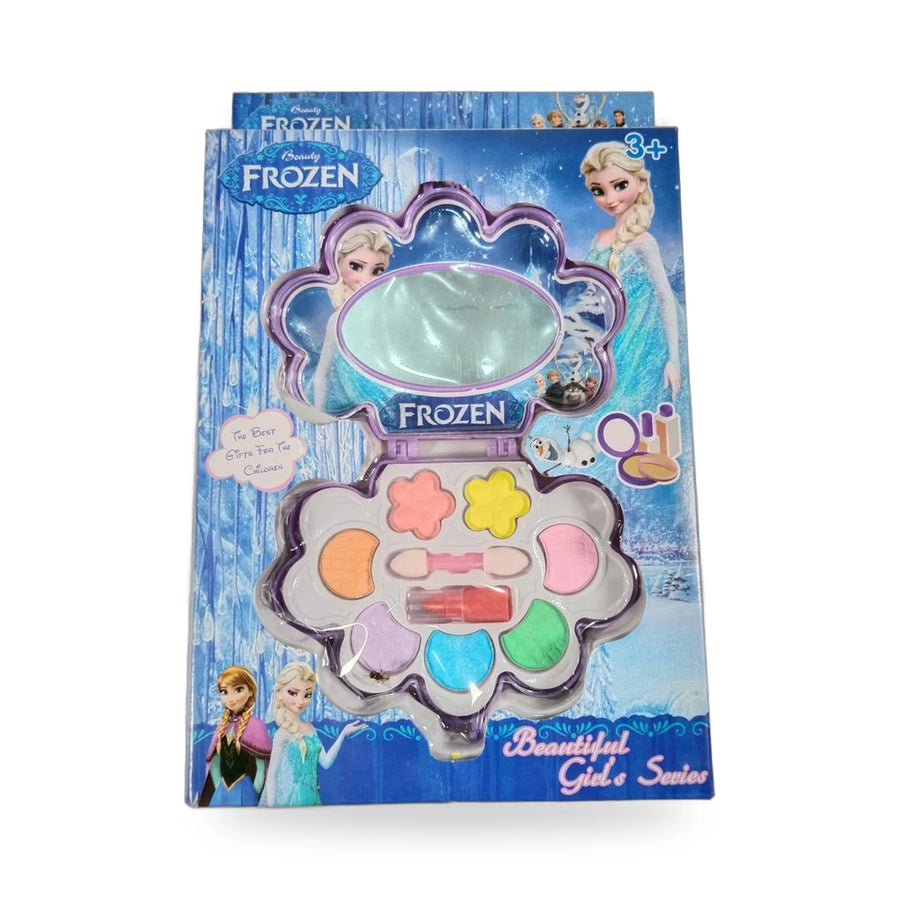 Frozen flower-shaped toy makeup compact open to show a mirror and makeup palette