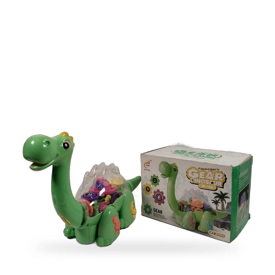 Green gear dinosaur toy with visible internal gears, shown beside its packaging