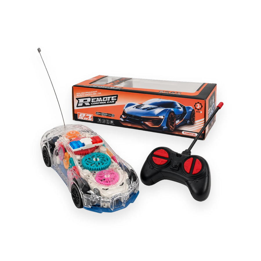 Remote control car with a transparent body and visible gears, with black transmitter and box
