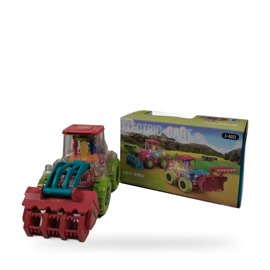 Transparent gear excavator and bulldozer set in its packaging