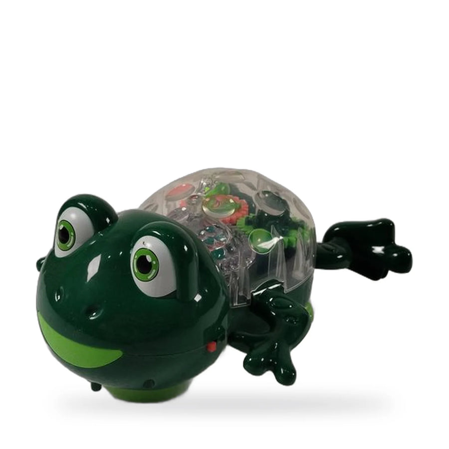 Green plastic frog toy with a transparent body showing internal gears