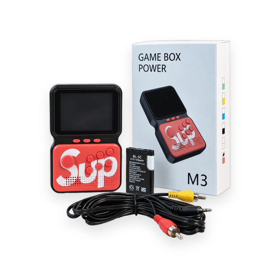 Red and black SUP Game Box Power M3 handheld console with its battery and AV cable