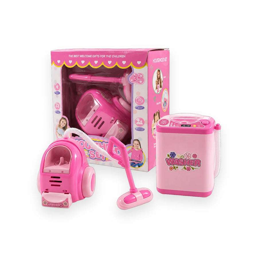 Pink Household Set toy vacuum cleaner and toy washing machine in their boxes