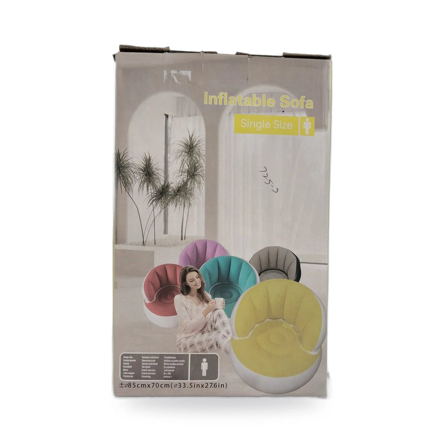 Inflatable round sofa chair in single size, packaged with its inflation pump