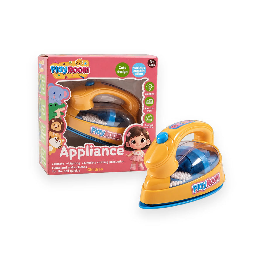 Toy iron for pretend play with rotating parts and a light feature