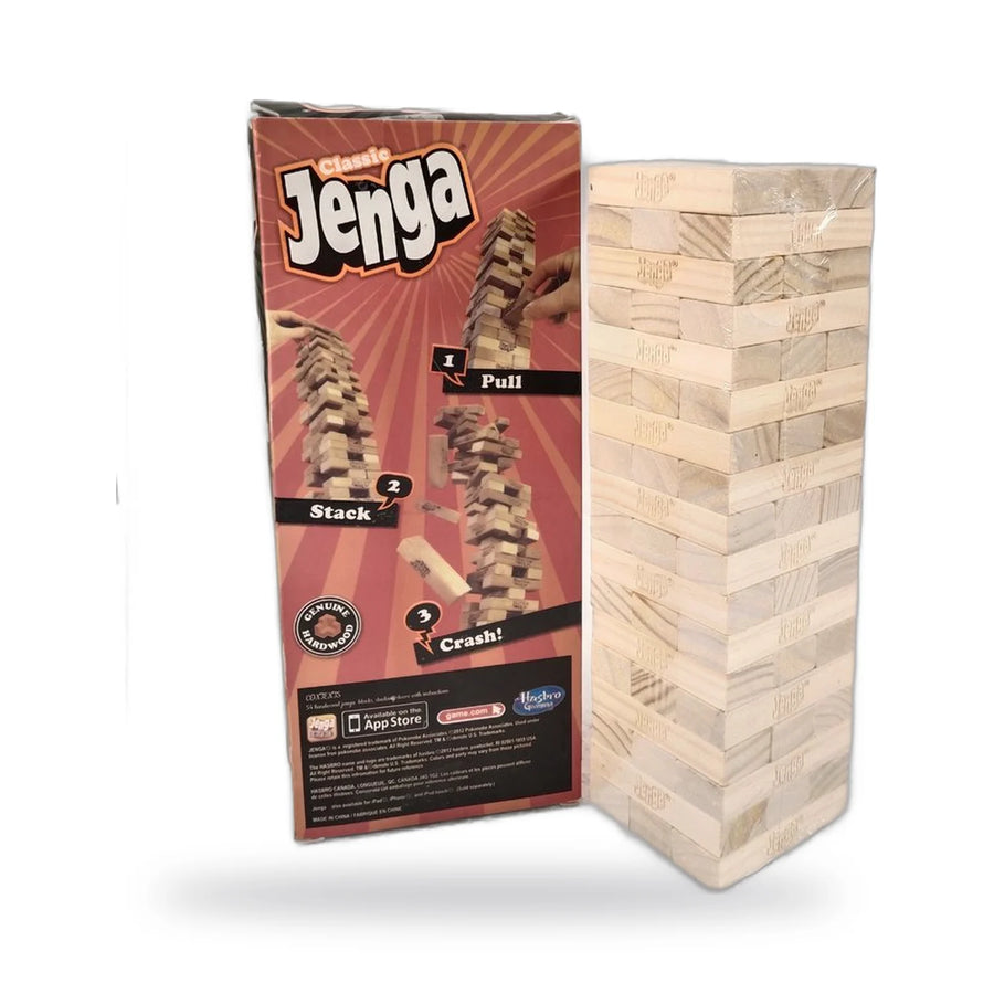 Jenga wooden block tower next to its box