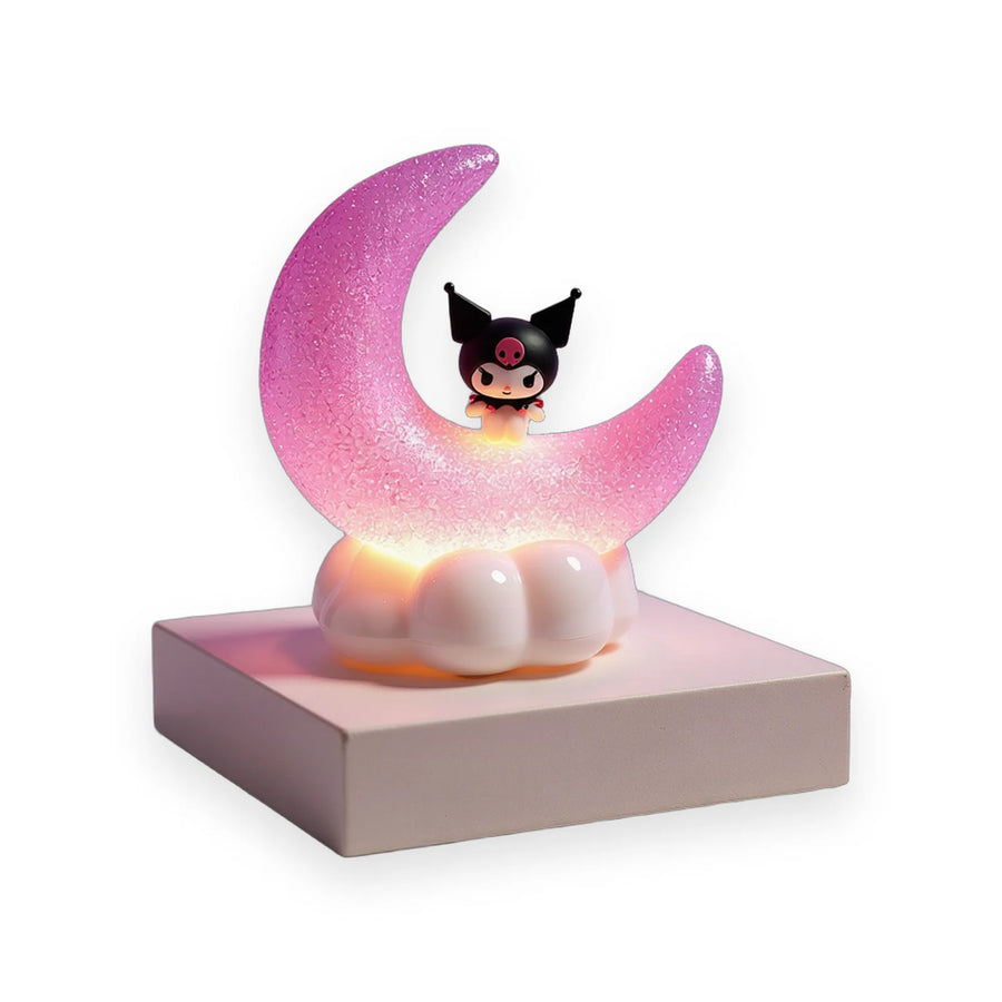Pink glitter crescent moon lamp on a cloud base with a Kuromi figure sitting in the curve