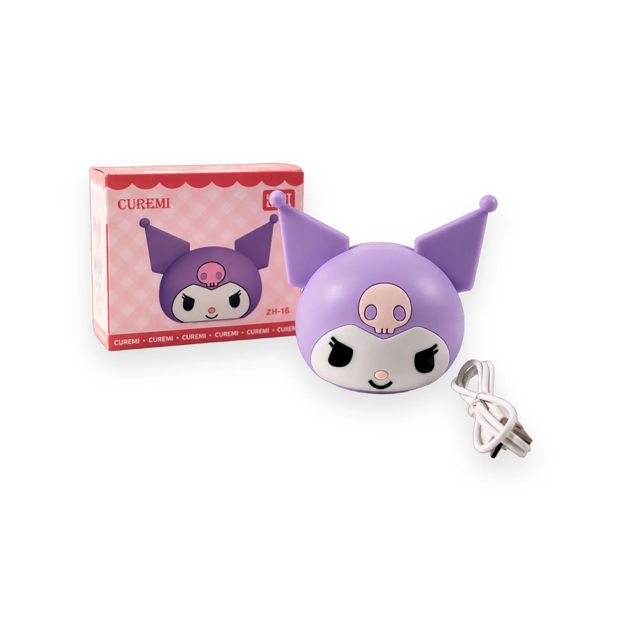Kuromi-style character night light with a soft squishy head and its USB cable on a white surface