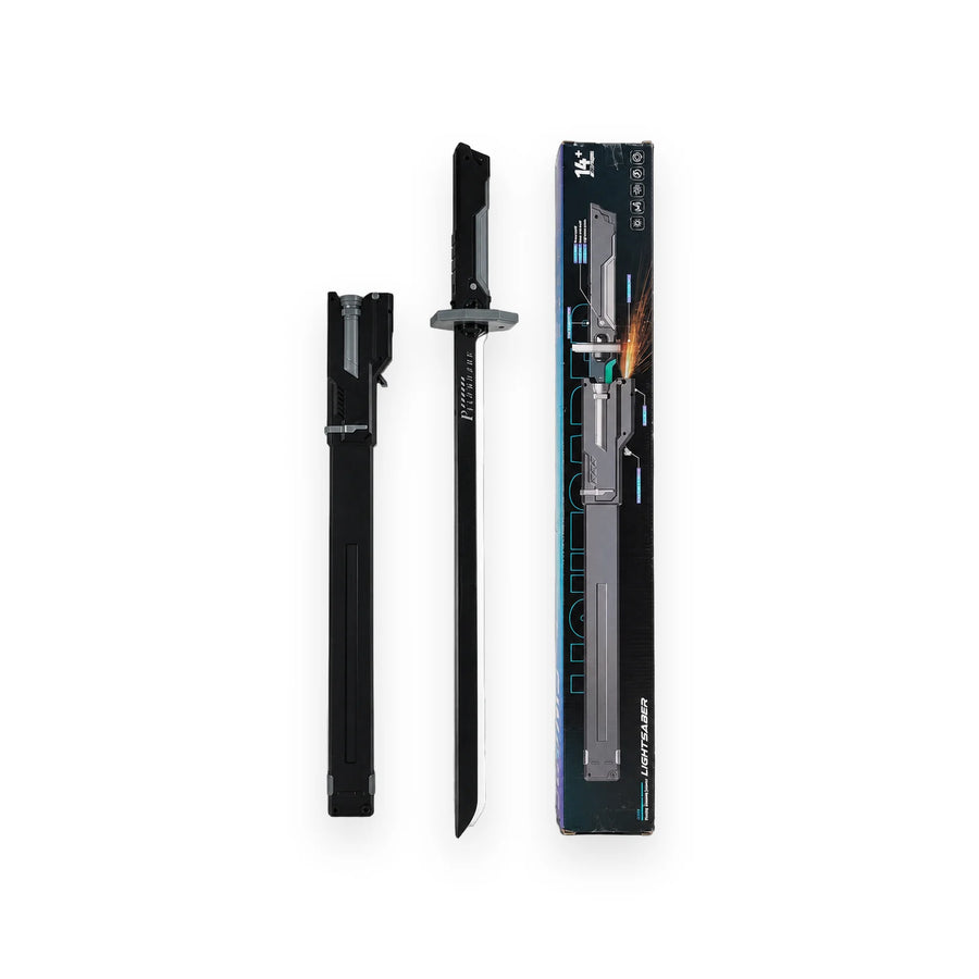 Black lightsaber toy sword with its sheath, beside the box
