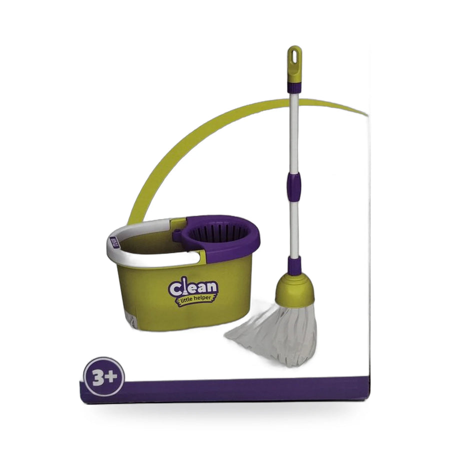 Yellow toy bucket with purple rim and white handle beside a toy mop with a pink cloth head