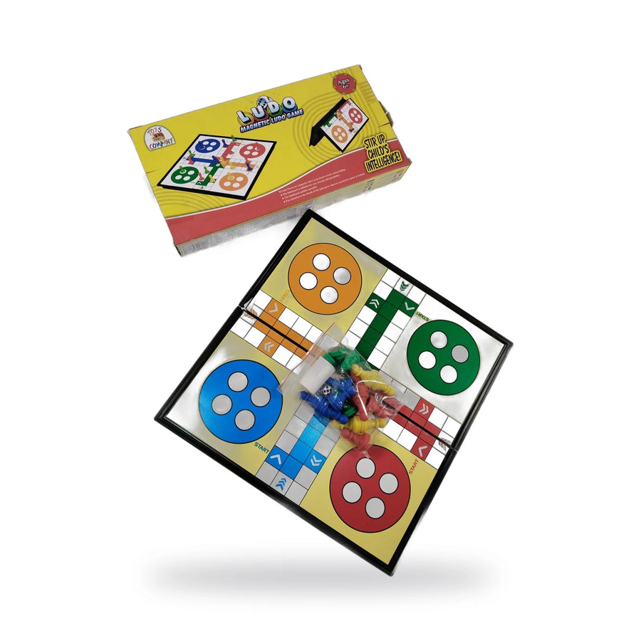 Magnetic Ludo folding board with playing pieces and a die