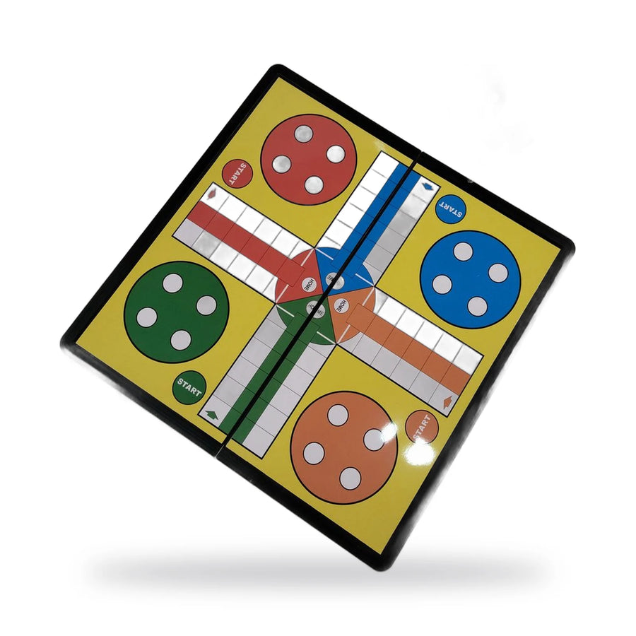 Magnetic Ludo board with red, green, blue and orange pieces