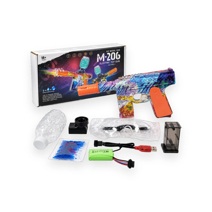 M-206 electric gel blaster with a colourful patterned body, safety goggles, USB cable and packaging