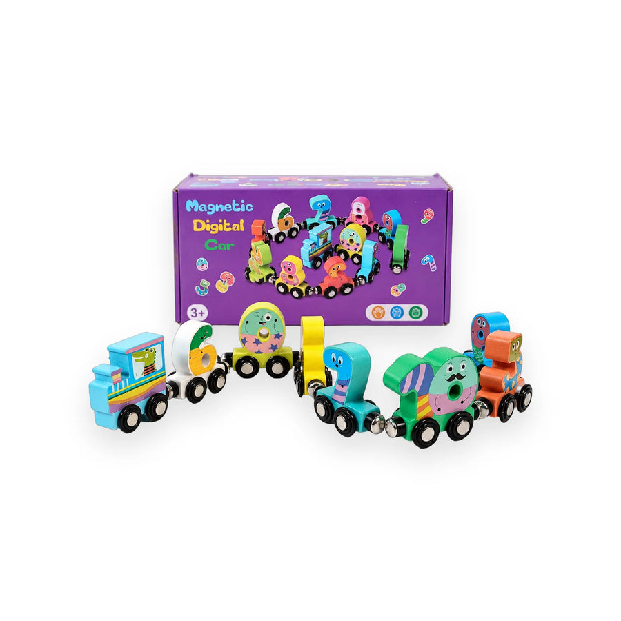 Colourful magnetic number train with numbered cars arranged in a circle on a white surface