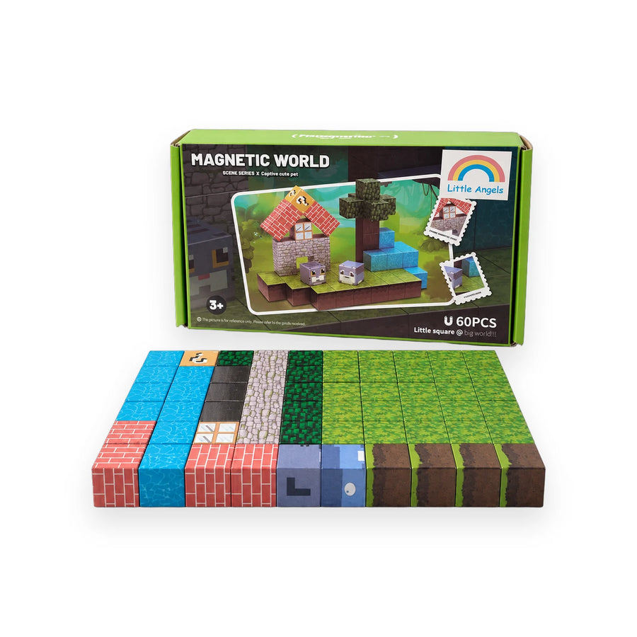 Magnetic World Cute Pet building set box showing the pixel house, tree and pets