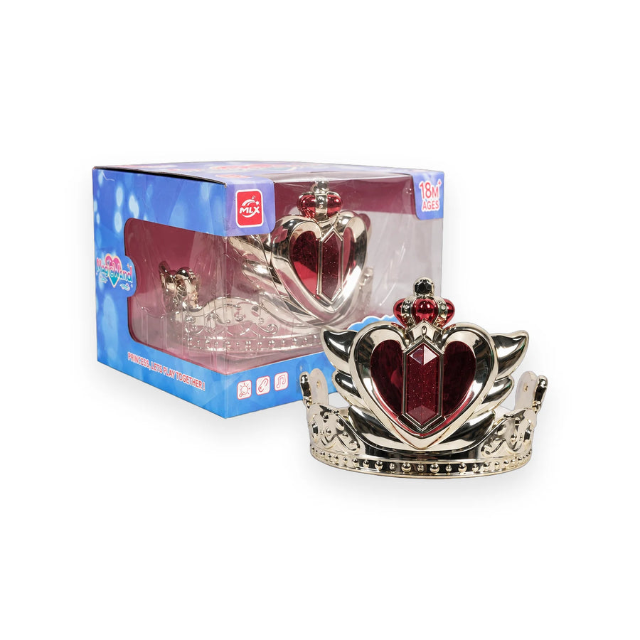 Silver crown tiara toy with a red heart jewel in its blue box