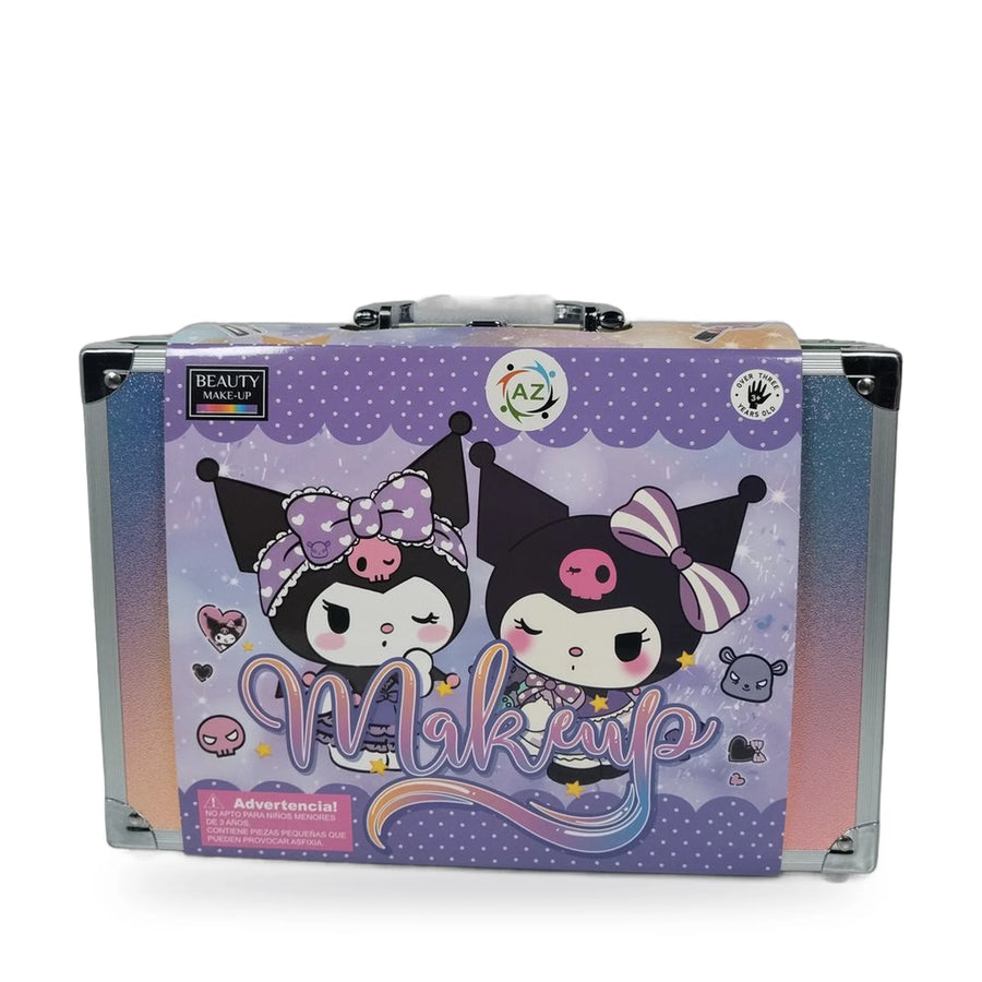 Kuromi makeup case open to show a mirror, compartments and pretend makeup tools