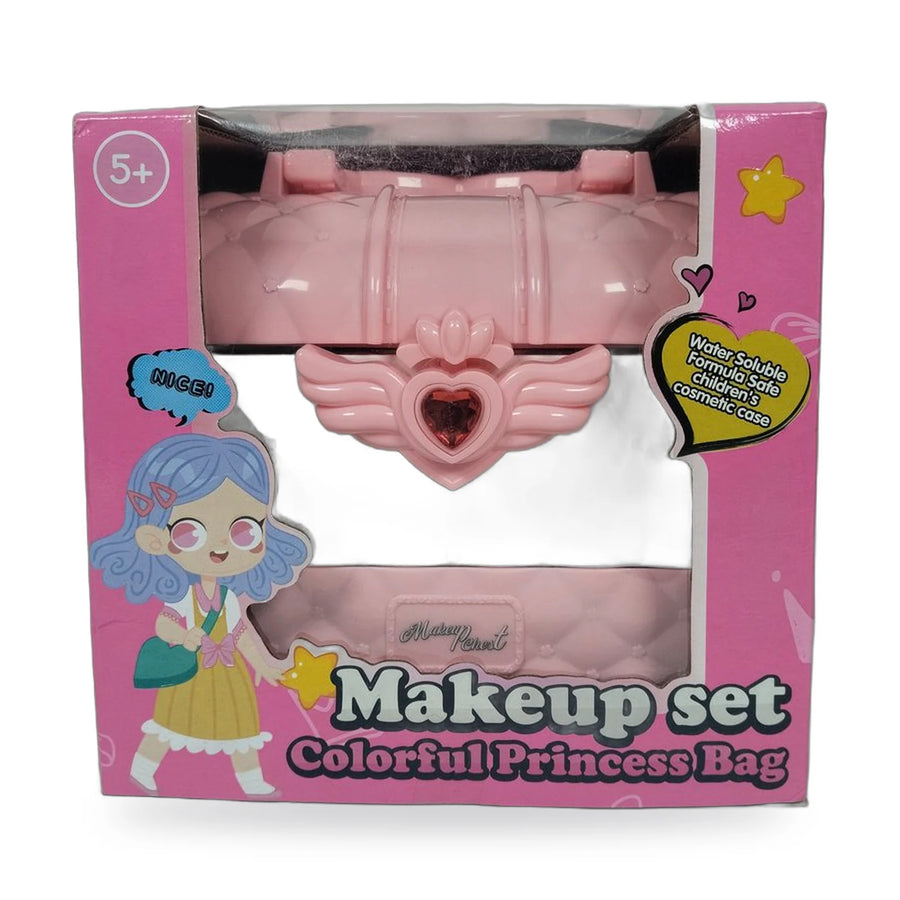 Pink and light blue princess bag makeup set with a heart-shaped clasp and mirror