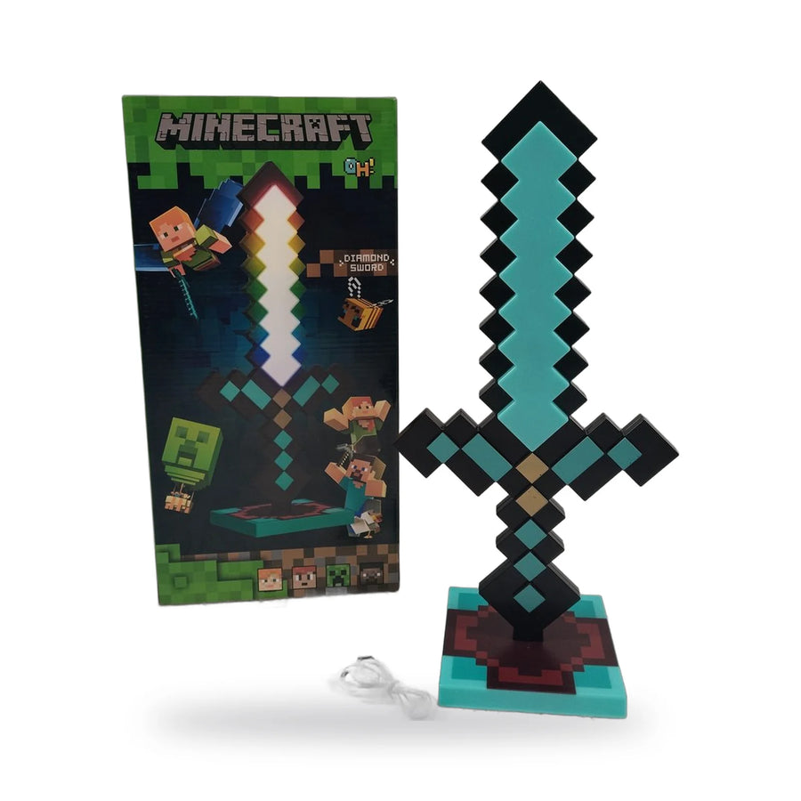 Minecraft diamond sword light on its stand beside the box