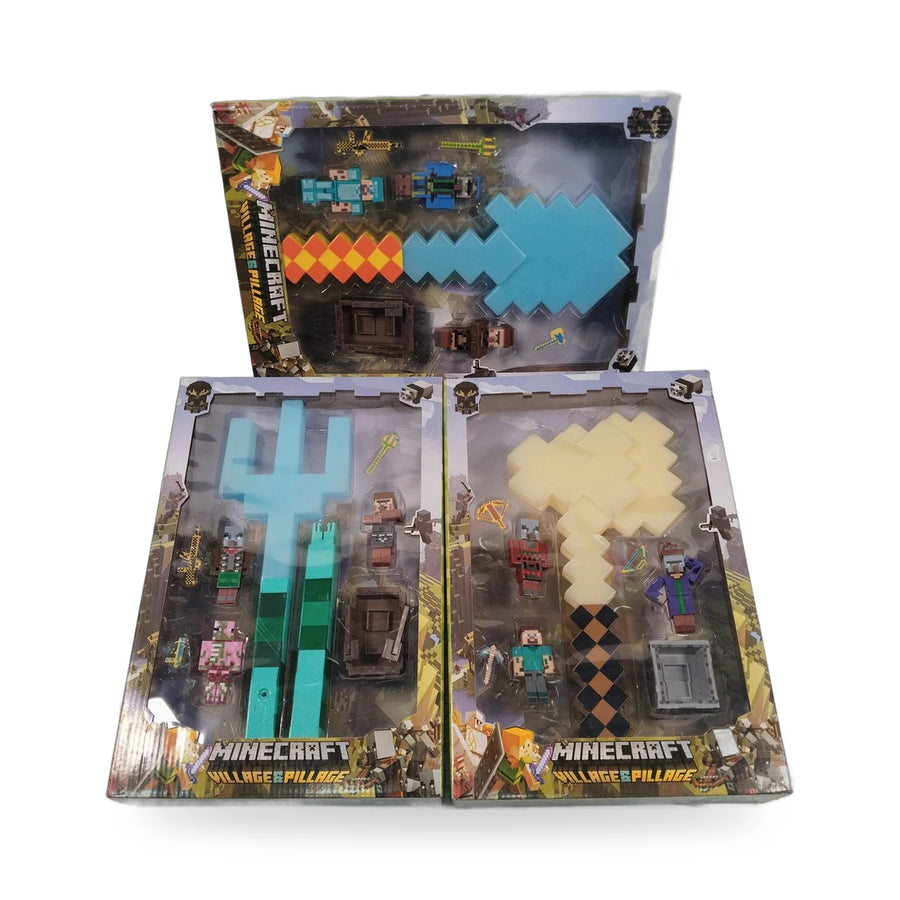 Minecraft Village and Pillage weapon and figure sets in shovel, trident and axe designs