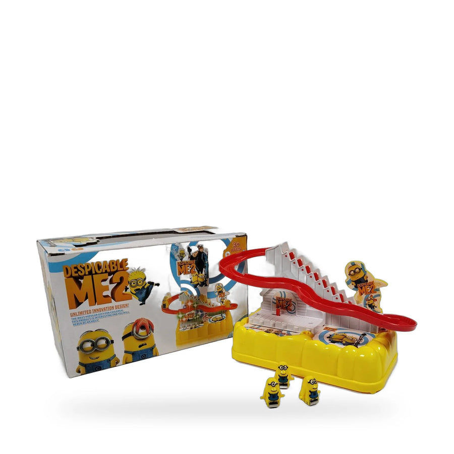 Despicable Me 2 Minion slide toy with its staircase, red slide track and Minion figures