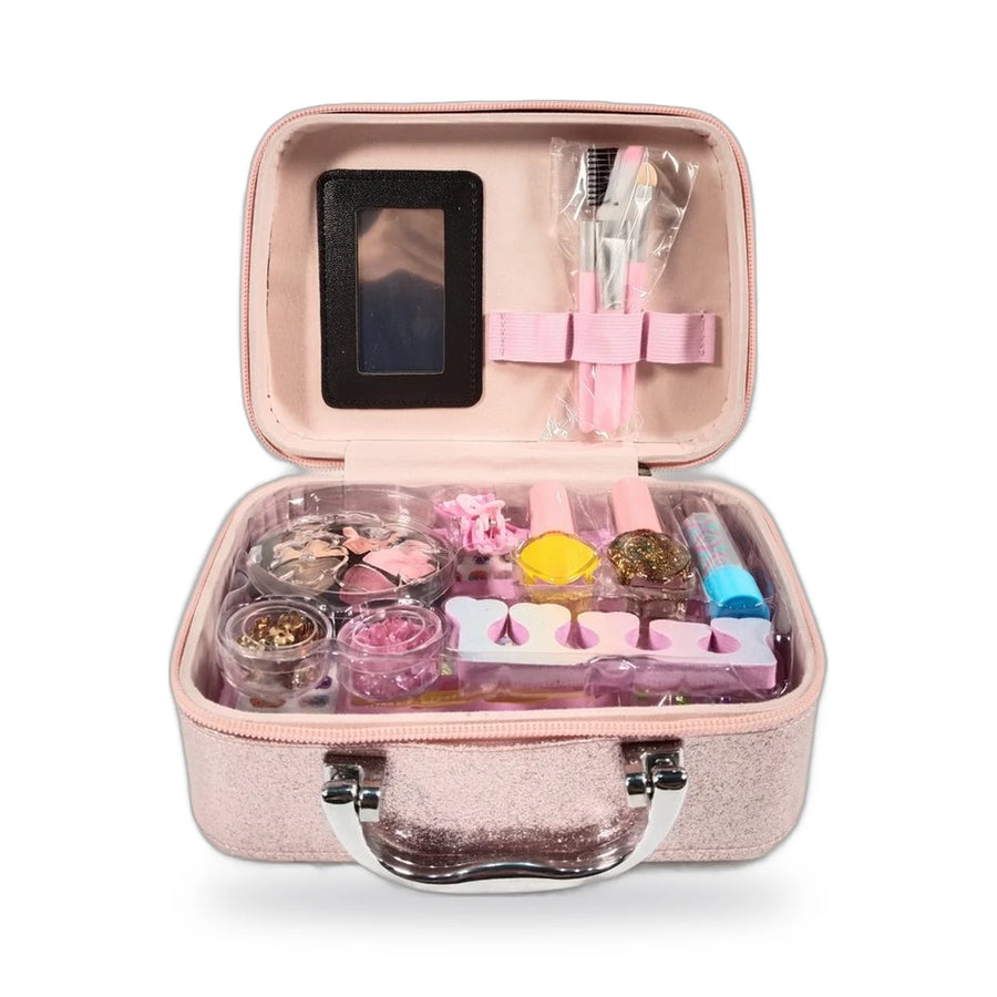 Pink and purple glitter mermaid makeup cases open to show toy makeup and brushes