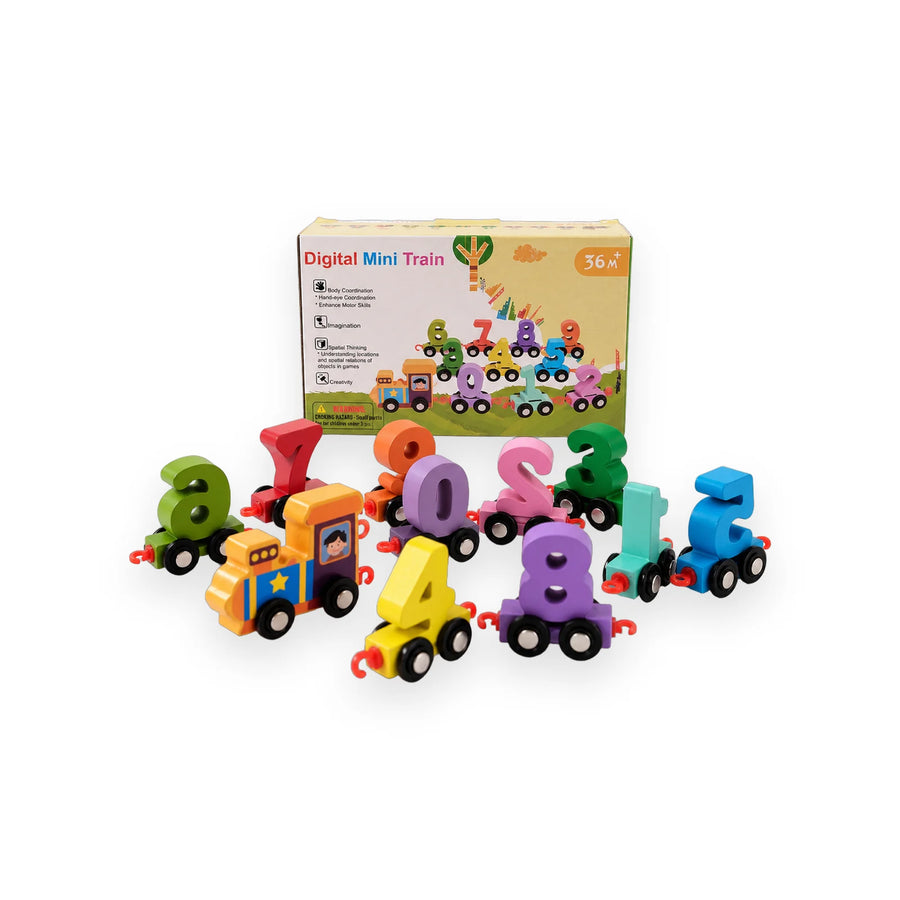 Wooden Digital Mini Train with coloured number carriages 0 to 9 beside its box