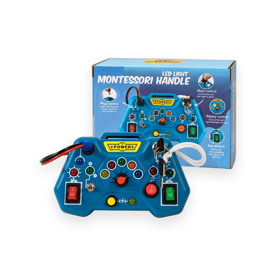 Blue Montessori Handle Light Game control board with coloured buttons and a key switch