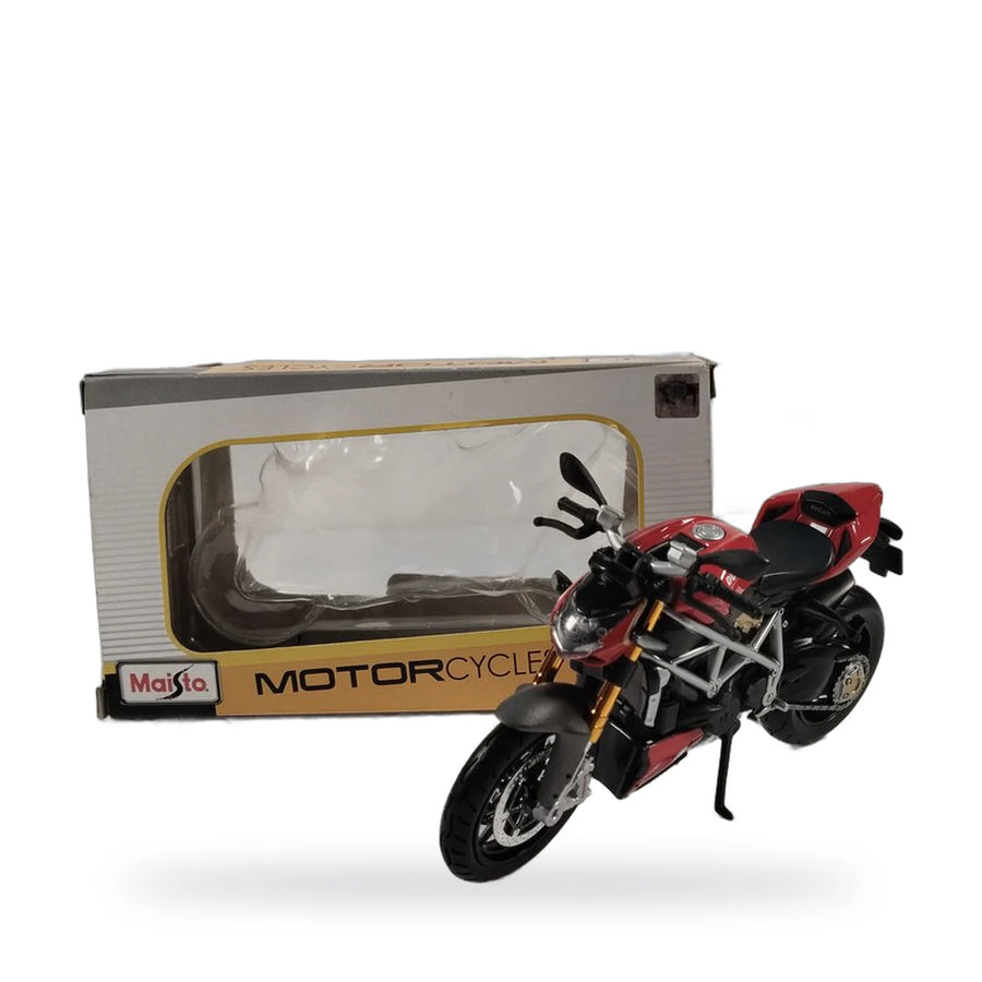 Red and black Maisto Ducati Streetfighter S diecast motorcycle with its window box