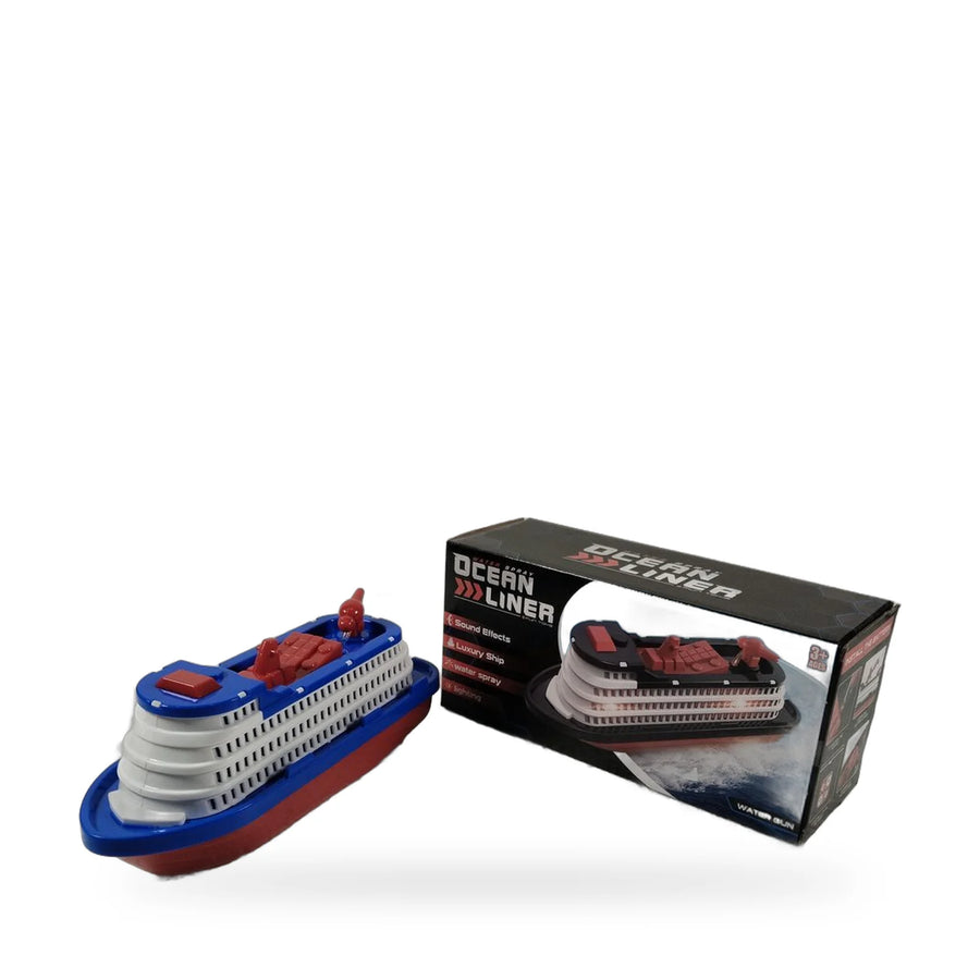 Blue and white cruise ship water gun toy with red details next to its packaging