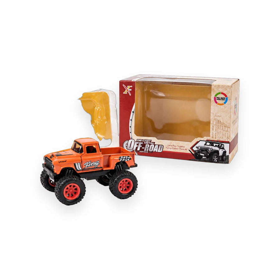 Orange die-cast metal off-road monster truck in its packaging