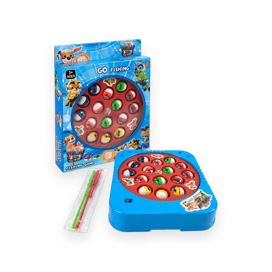 Paw Patrol Go Fishing game with a blue base, red turning board, fish and fishing rods