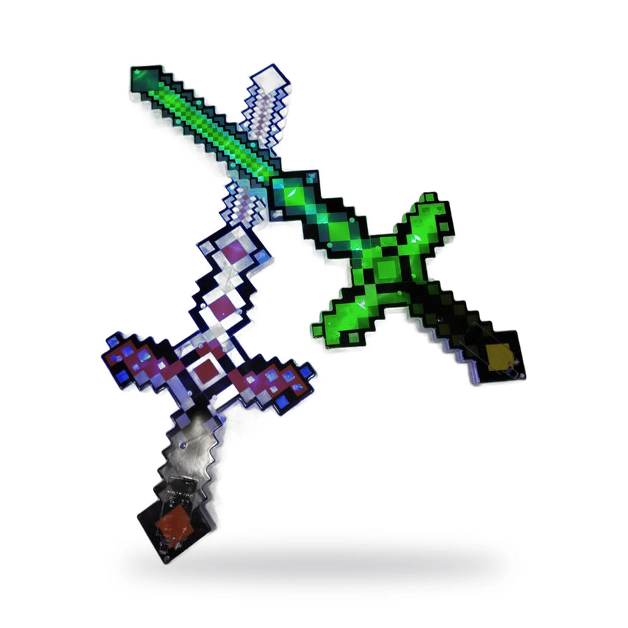 Two pixelated LED light-up toy swords, one blue and one green, lit up