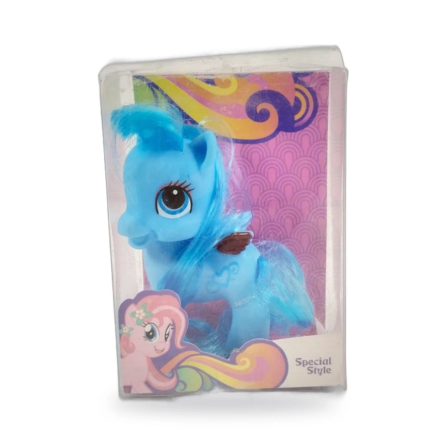 Blue collectible pony figure with glittery brushable hair in its display box