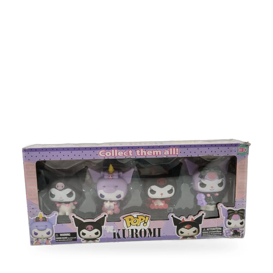 Four Kuromi Pop! vinyl figures displayed in front of their packaging box