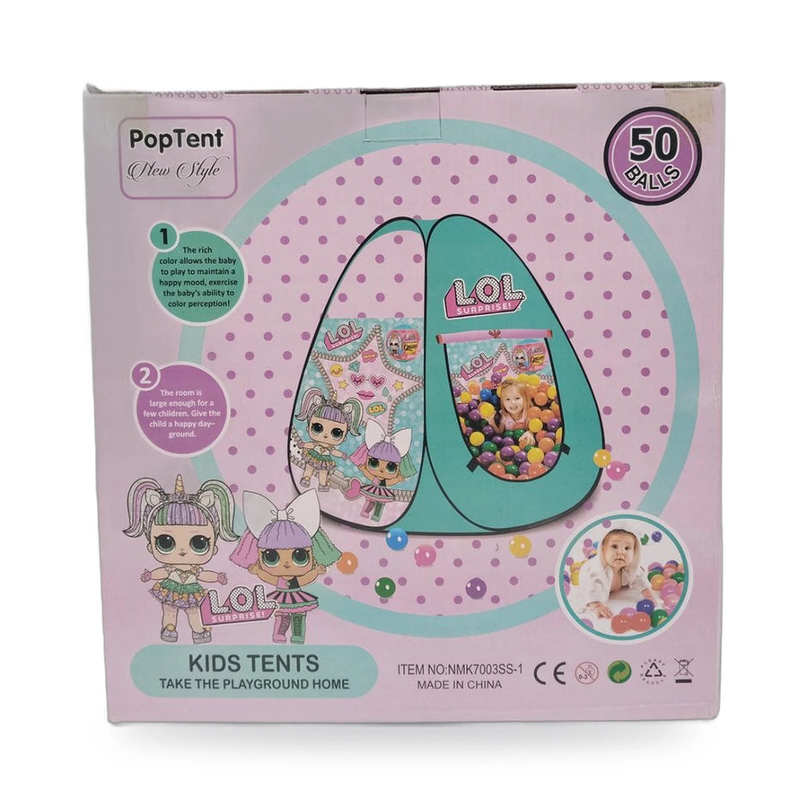 PopTent kids play tent box with 50 balls, showing the L.O.L. Surprise! and Barbie designs