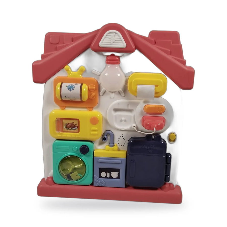 House-shaped busy board toy with colourful interactive parts for toddlers