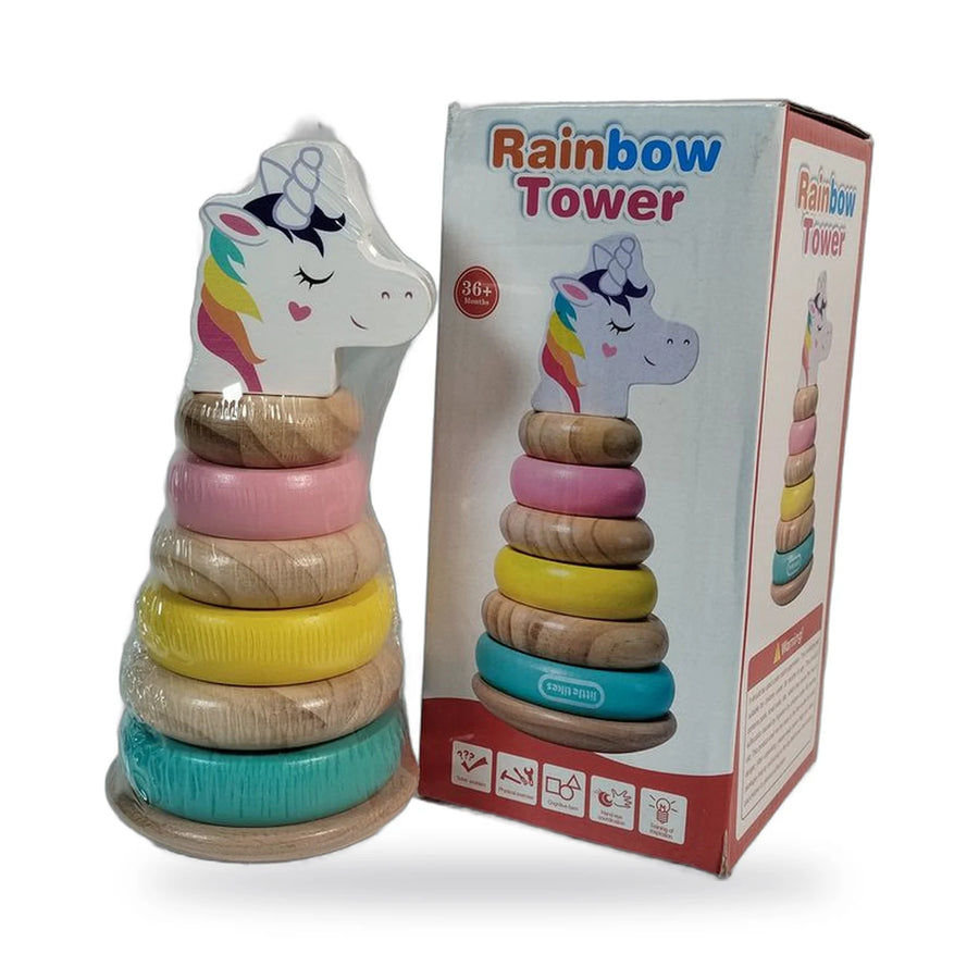 Wooden rainbow unicorn tower stacking toy with seven coloured rings