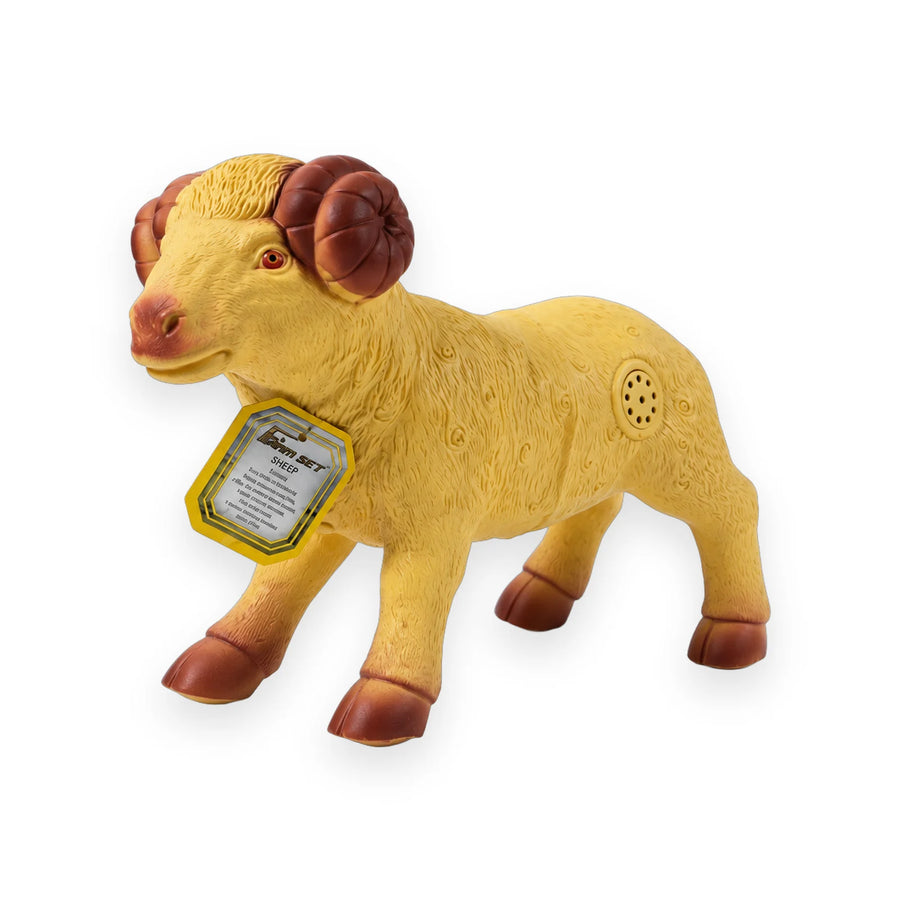 Yellow ram figure with curled brown horns, standing