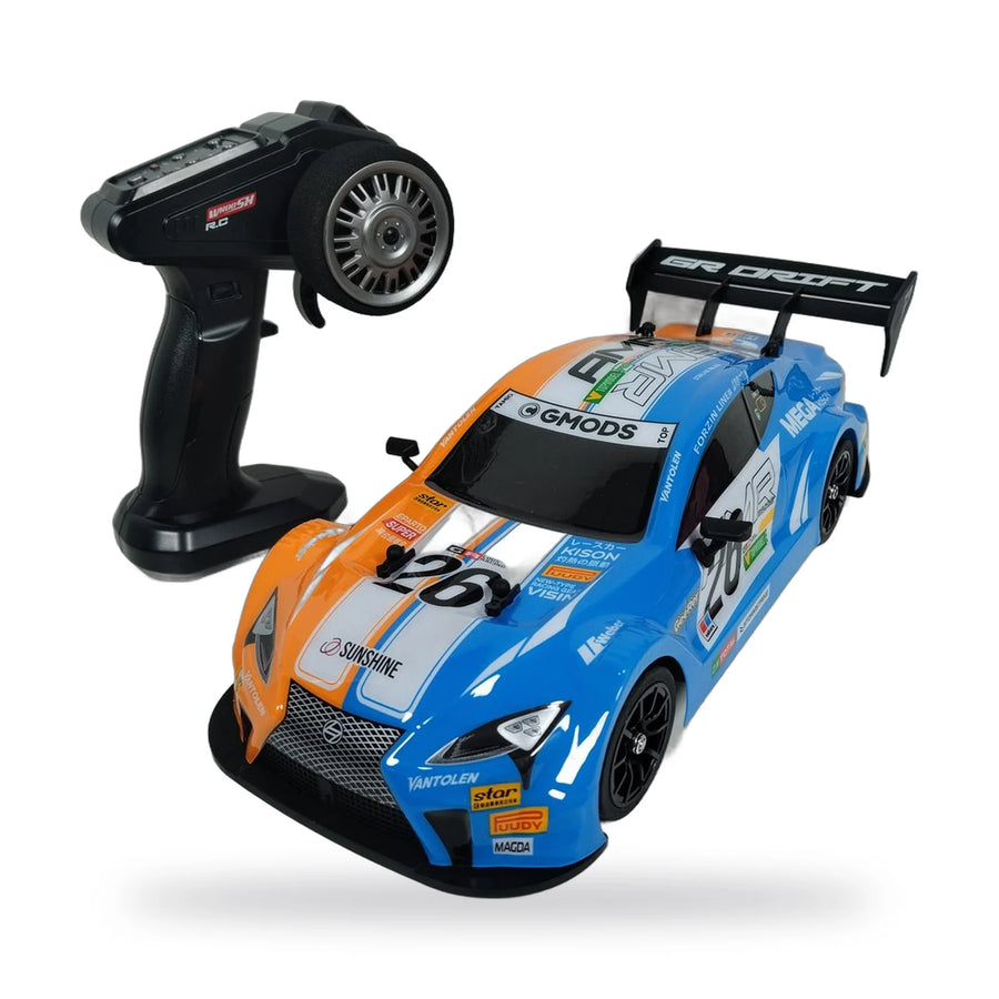 Blue and orange RC drift racing car with neon LED lights, controller and box