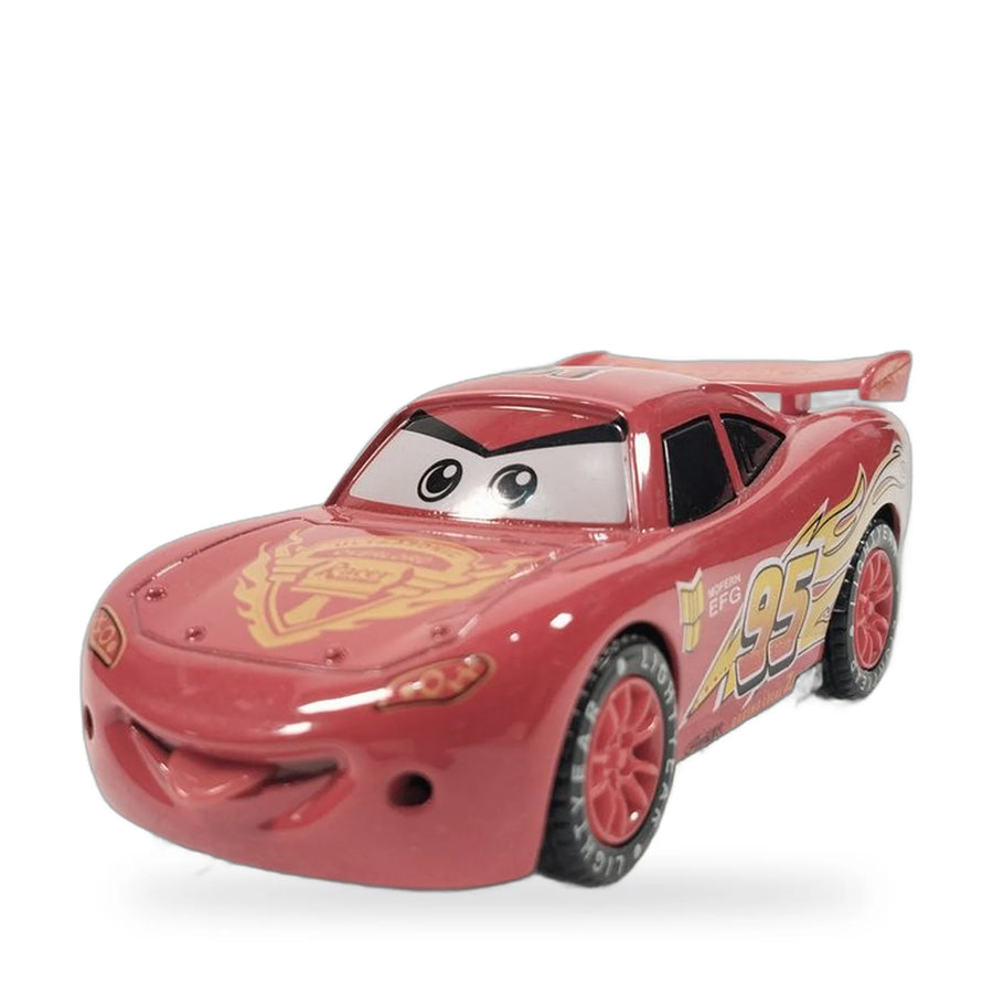 Red race car toy with a cartoon face, flame decals and the number 95