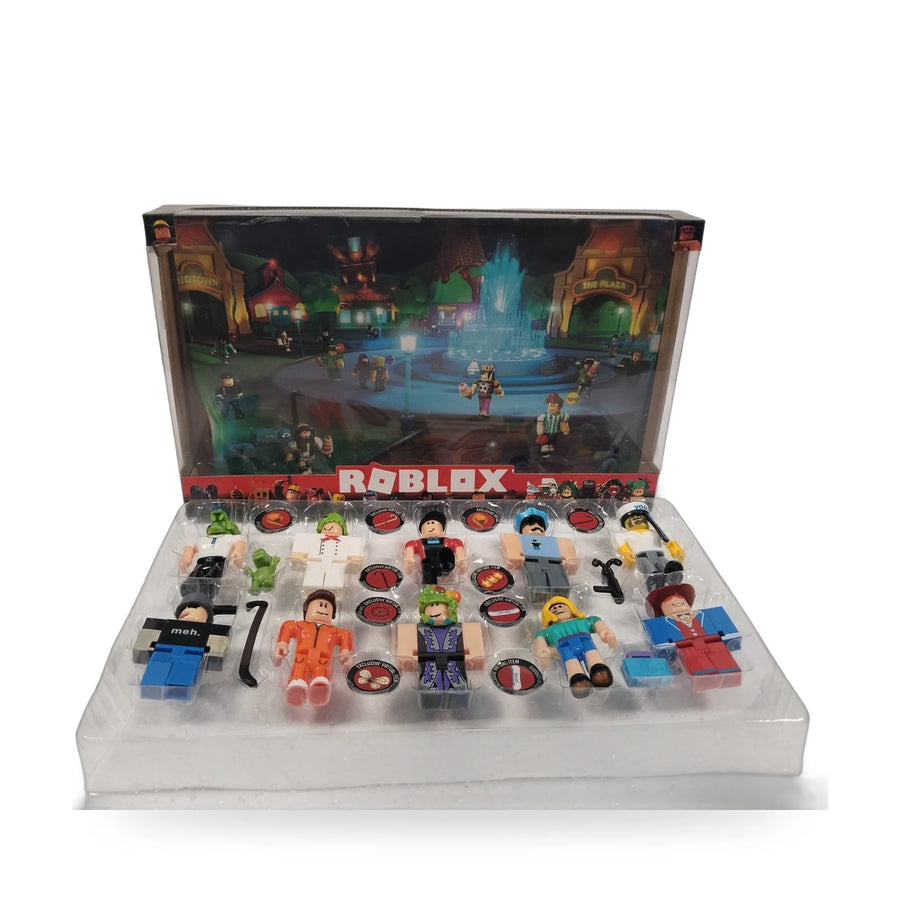 Roblox figure set with accessories in front of its box