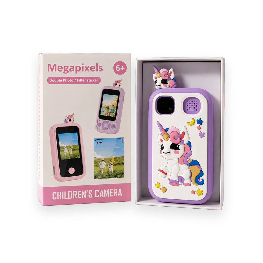 Children's camera with a unicorn design shown in its packaging