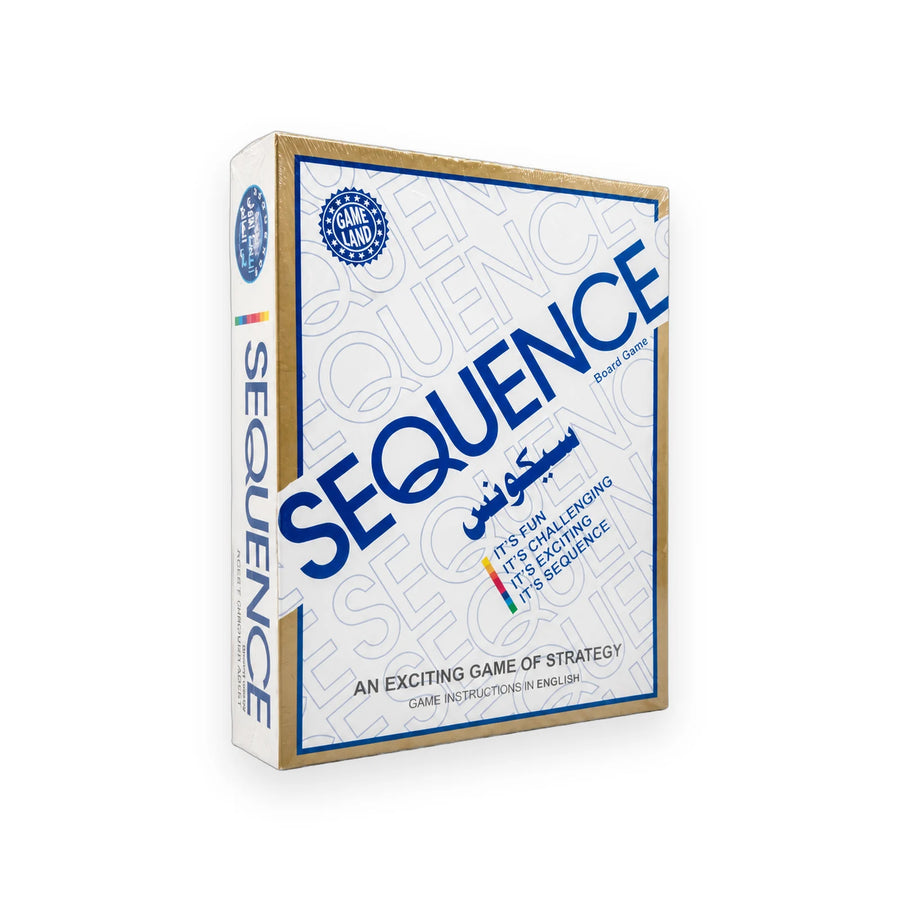 Sequence strategy board game box on a plain background