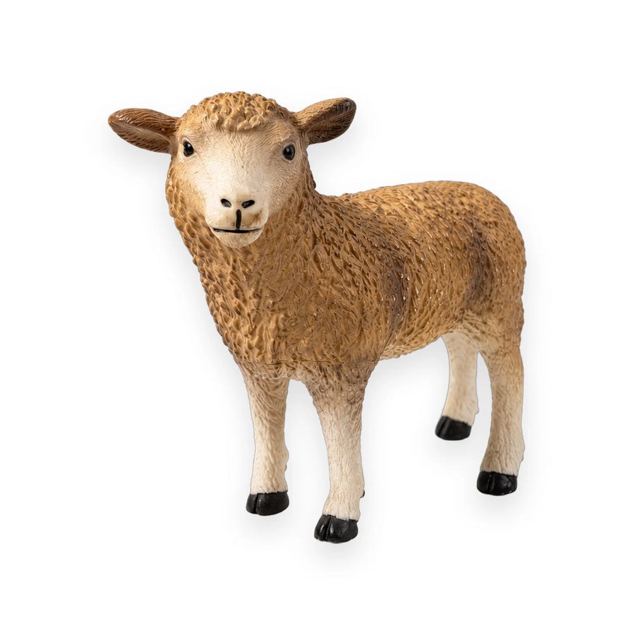 Brown sheep figure with a curly moulded fleece and pale legs